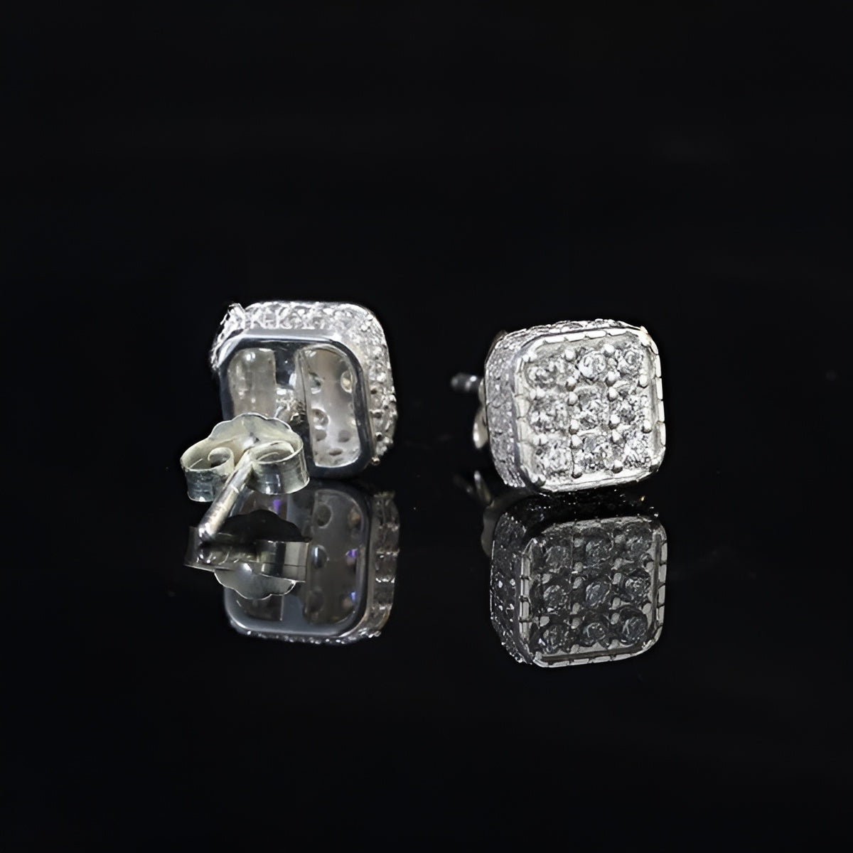 925 sterling silver earrings stud Mens Small 3D Square Iced Cz Diamond