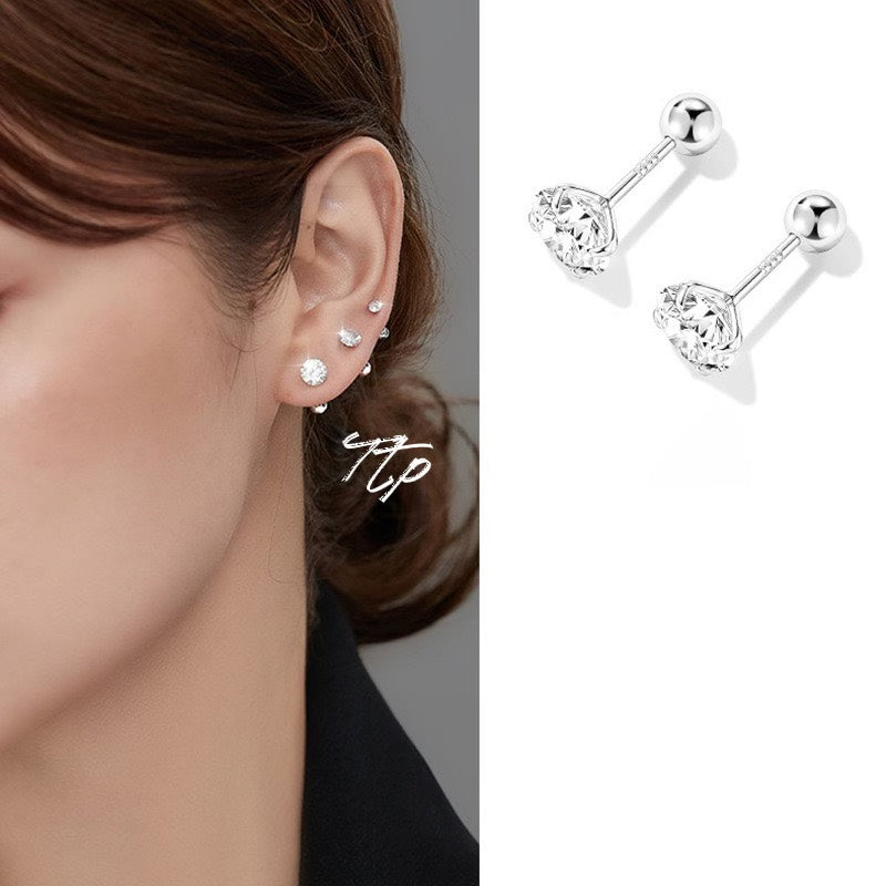 925 sterling silver Earrings Women's stud Hexagonal CZ Diamond 4mm