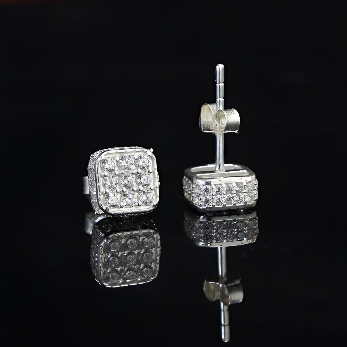 925 sterling silver earrings stud Mens Small 3D Square Iced Cz Diamond