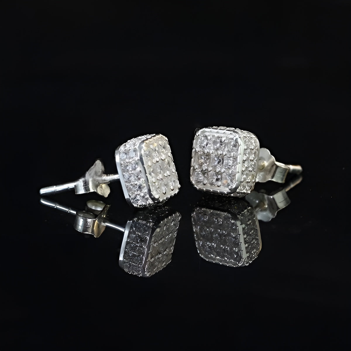 925 sterling silver earrings stud Mens Small 3D Square Iced Cz Diamond