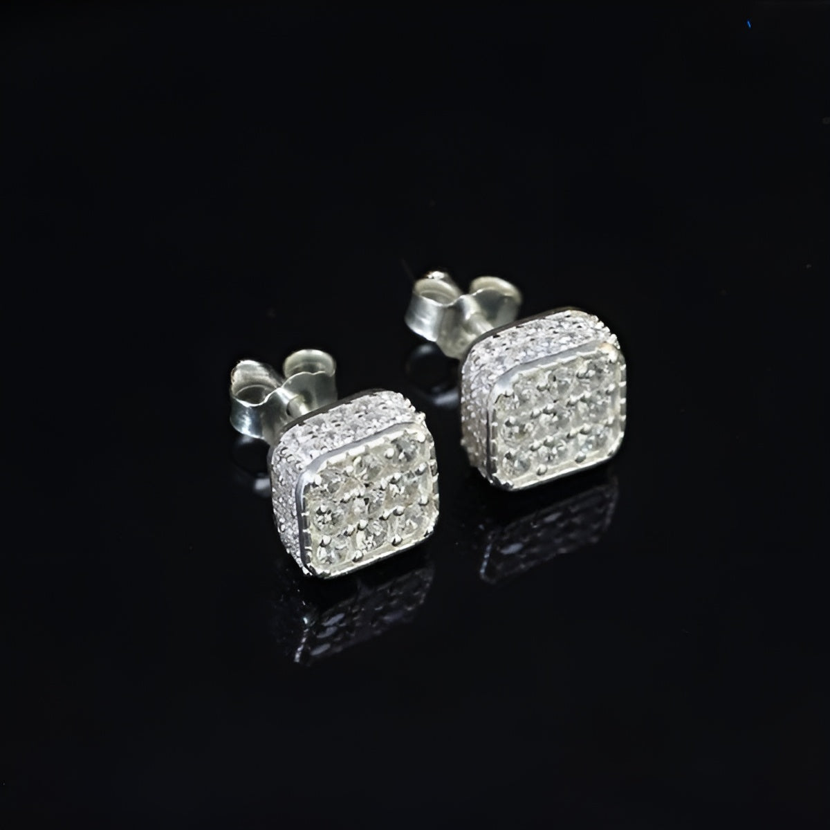 925 sterling silver earrings stud Mens Small 3D Square Iced Cz Diamond