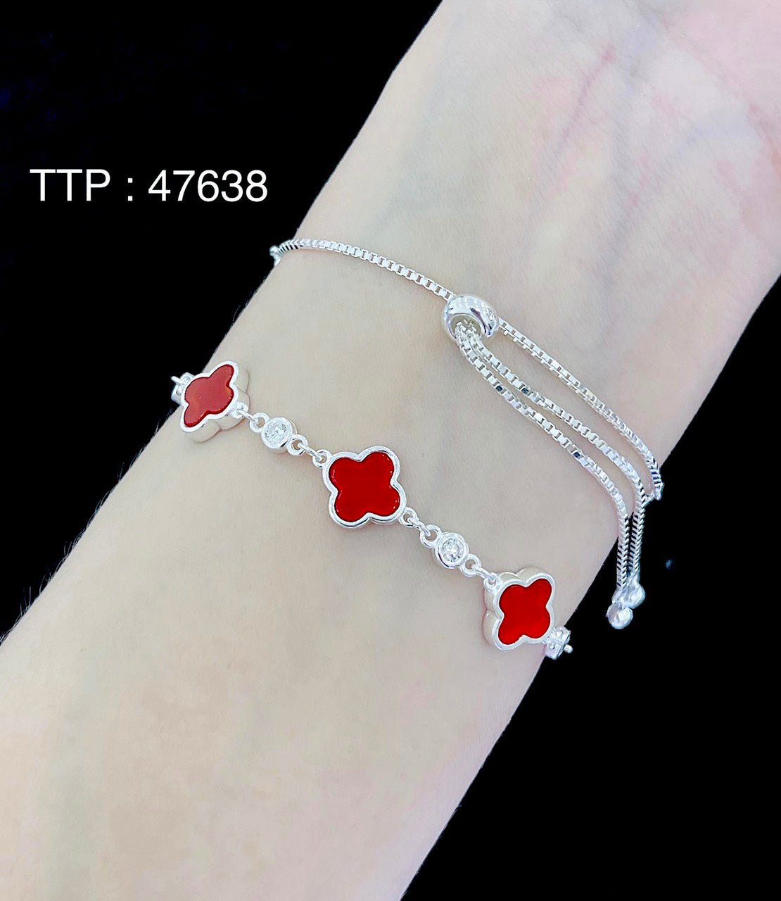 925 silver bracelet women's lucky four-lead clover Red drawn-style